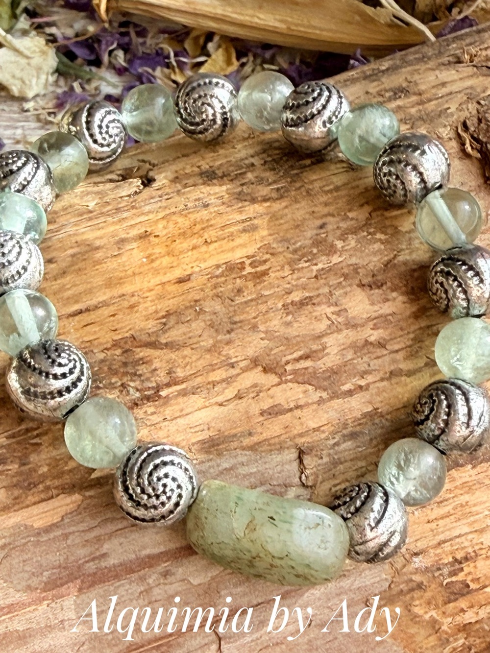 FLUORITE Pale Green Gemstone and Silver-Bead Bracelet